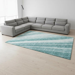 HomeRoots 8' X 10' Teal and Ivory Striped Washable Area Rug - Durable, UV-Protected, Stylish for Any Room 677517