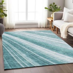 HomeRoots 8' X 10' Teal and Ivory Striped Washable Area Rug - Durable, UV-Protected, Stylish for Any Room 677517