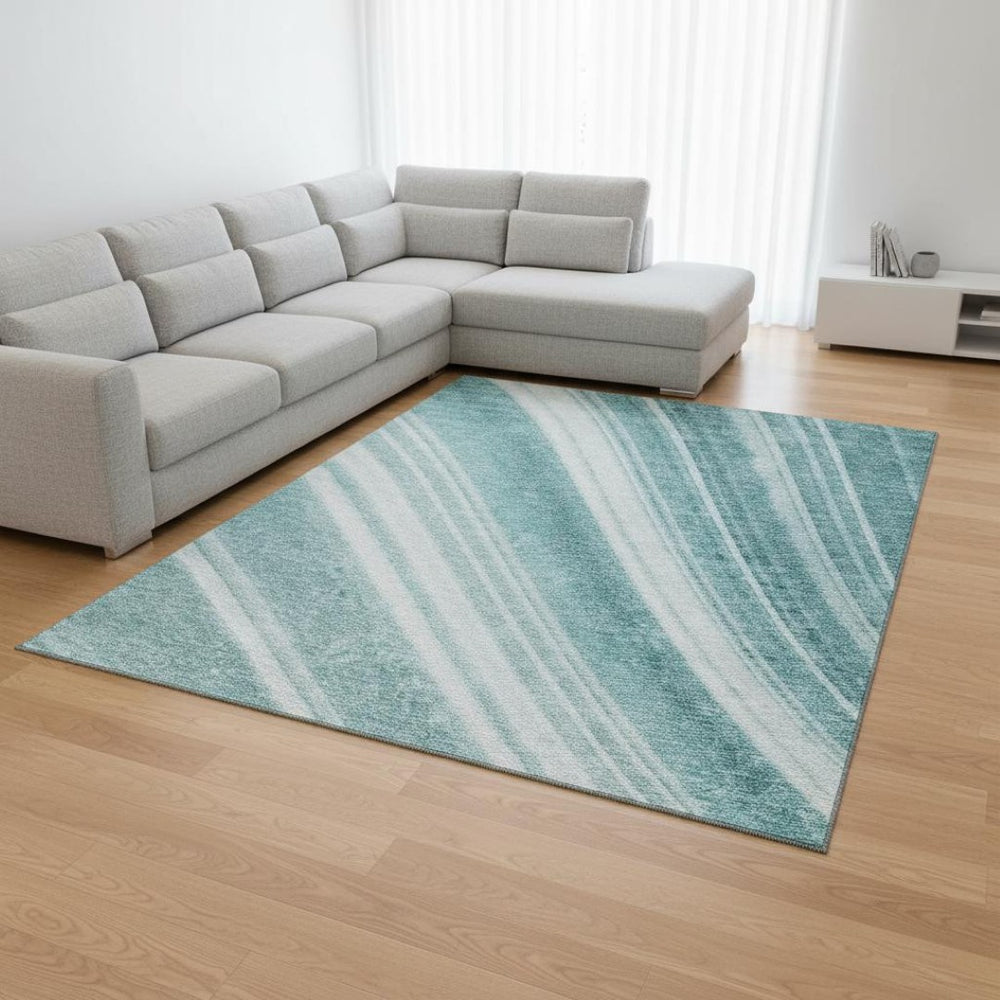 HomeRoots 9' X 12' Teal & Ivory Striped Area Rug - Washable, Stain Resistant, UV Protected for High-Traffic Spaces 677518
