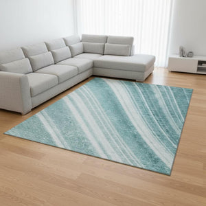 HomeRoots 9' X 12' Teal & Ivory Striped Area Rug - Washable, Stain Resistant, UV Protected for High-Traffic Spaces 677518