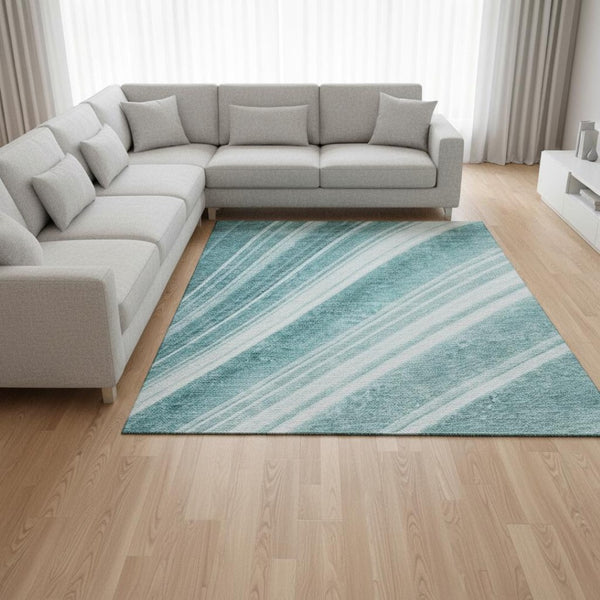 HomeRoots 10' Teal and Ivory Striped Washable Area Rug - UV Protected, Stain Resistant, Perfect for Busy Homes 677519