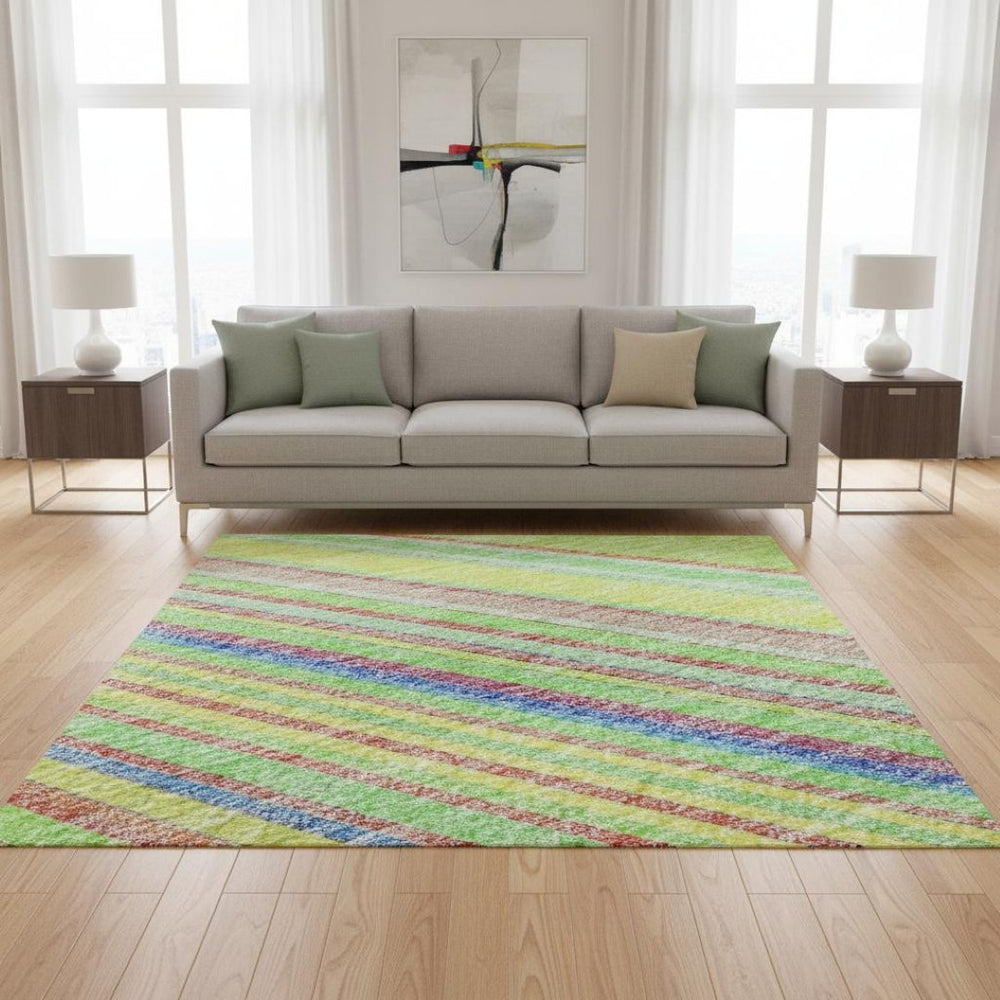 HomeRoots 5' Vibrant Yellow, Lime Green & Purple Striped Washable Area Rug – UV Protected, Durable & Stylish! 677521