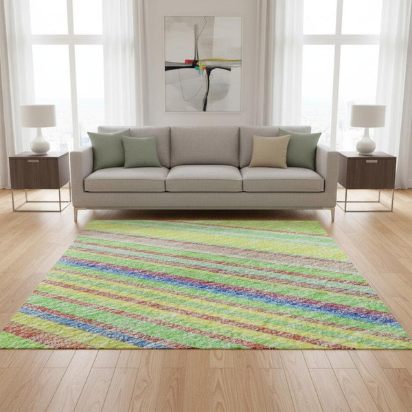 HomeRoots 5' Vibrant Yellow, Lime Green & Purple Striped Washable Area Rug – UV Protected, Durable & Stylish! 677521