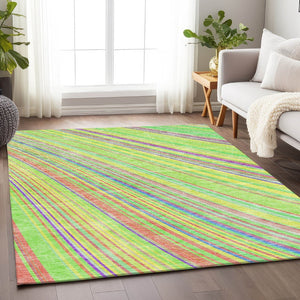 HomeRoots 5' Vibrant Yellow, Lime Green & Purple Striped Washable Area Rug – UV Protected, Durable & Stylish! 677521