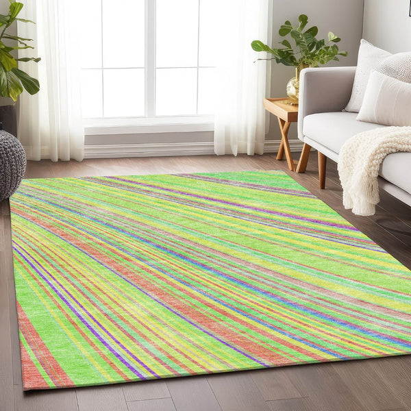 HomeRoots 5' Vibrant Yellow, Lime Green & Purple Striped Washable Area Rug – UV Protected, Durable & Stylish! 677521