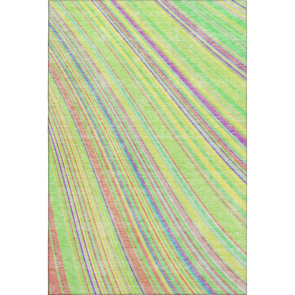 HomeRoots 5' Vibrant Yellow, Lime Green & Purple Striped Washable Area Rug – UV Protected, Durable & Stylish! 677521