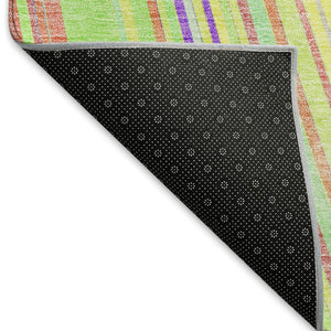 HomeRoots 5' Vibrant Yellow, Lime Green & Purple Striped Washable Area Rug – UV Protected, Durable & Stylish! 677521