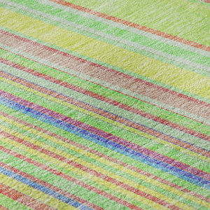 HomeRoots 5' Vibrant Yellow, Lime Green & Purple Striped Washable Area Rug – UV Protected, Durable & Stylish! 677521