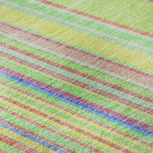HomeRoots 5' Vibrant Yellow, Lime Green & Purple Striped Washable Area Rug – UV Protected, Durable & Stylish! 677521