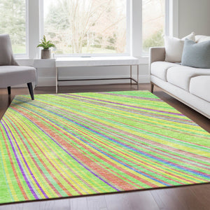 HomeRoots 5' Vibrant Yellow, Lime Green & Purple Striped Washable Area Rug – UV Protected, Durable & Stylish! 677521
