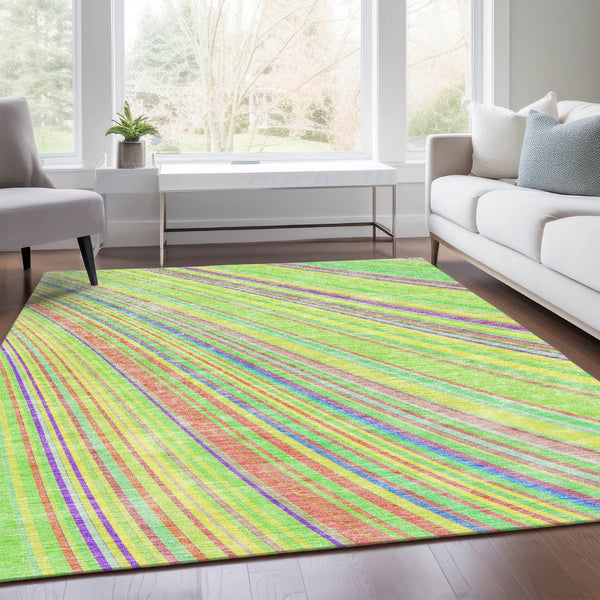 HomeRoots 5' Vibrant Yellow, Lime Green & Purple Striped Washable Area Rug – UV Protected, Durable & Stylish! 677521