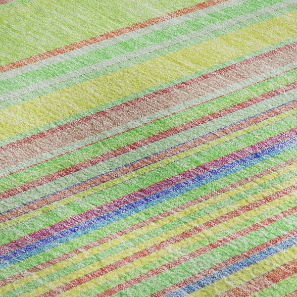 HomeRoots 5' Vibrant Yellow, Lime Green & Purple Striped Washable Area Rug – UV Protected, Durable & Stylish! 677521