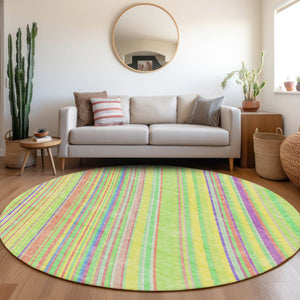 HomeRoots 8' Washable Round Rug with Bold Yellow, Lime Green & Purple Stripes - UV Protected, Easy-Care Design 677522