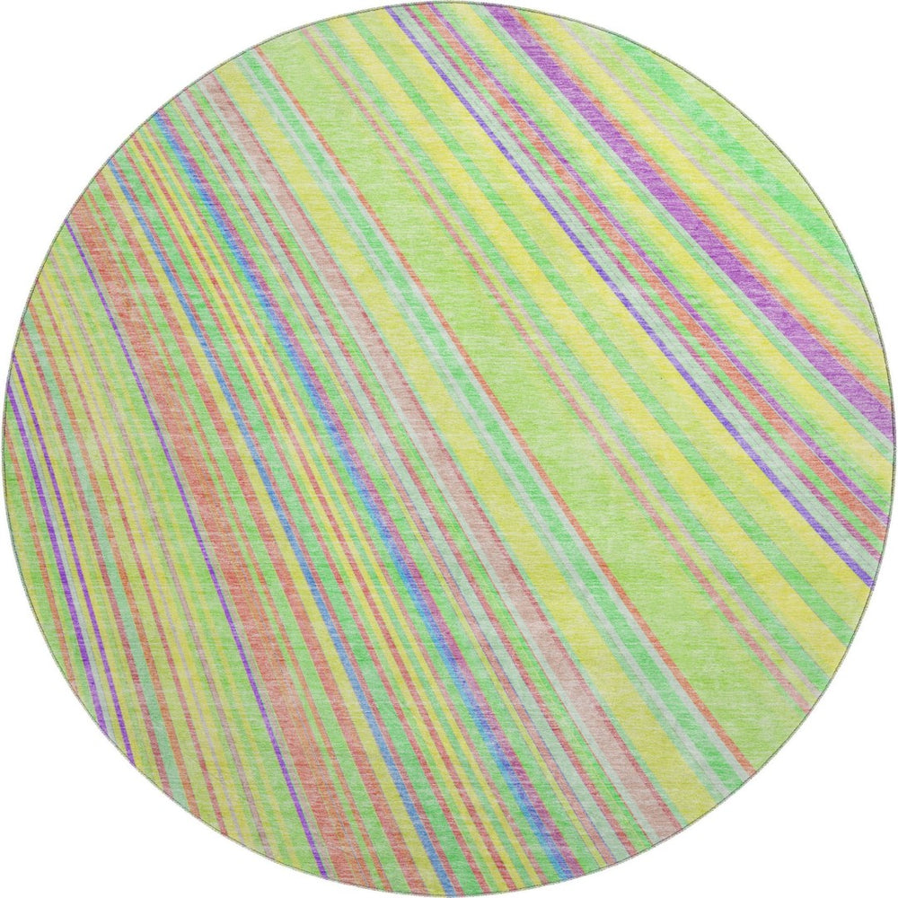 HomeRoots 8' Washable Round Rug with Bold Yellow, Lime Green & Purple Stripes - UV Protected, Easy-Care Design 677522