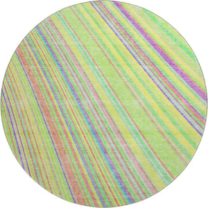 HomeRoots 8' Washable Round Rug with Bold Yellow, Lime Green & Purple Stripes - UV Protected, Easy-Care Design 677522