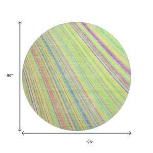 HomeRoots 8' Washable Round Rug with Bold Yellow, Lime Green & Purple Stripes - UV Protected, Easy-Care Design 677522