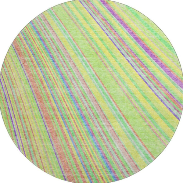 HomeRoots 8' Washable Round Rug with Bold Yellow, Lime Green & Purple Stripes - UV Protected, Easy-Care Design 677522