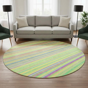 HomeRoots 8' Washable Round Rug with Bold Yellow, Lime Green & Purple Stripes - UV Protected, Easy-Care Design 677522