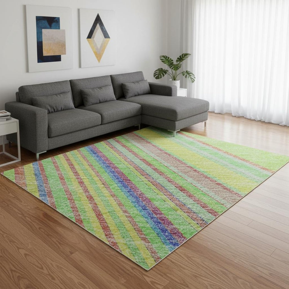 HomeRoots 8' X 10' Vibrant Yellow, Lime Green & Purple Striped Washable Area Rug with UV Protection & Durability 677523
