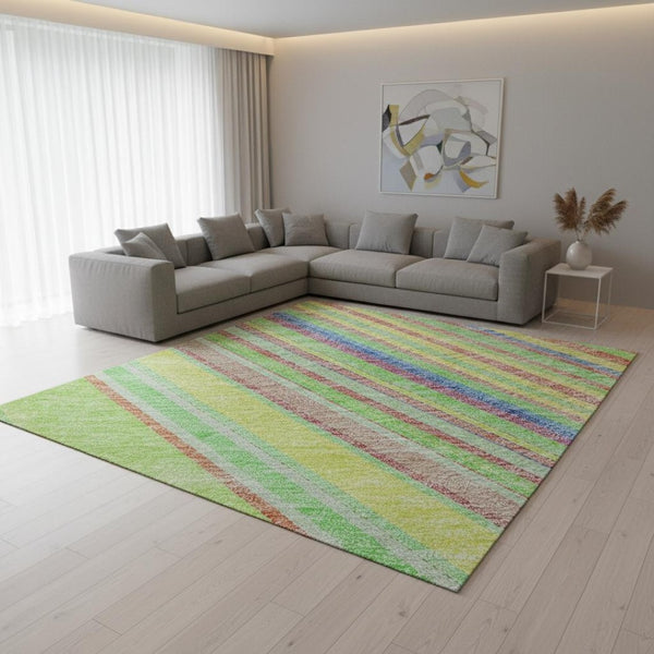 HomeRoots 9' Striped Washable Area Rug in Vibrant Yellow, Lime Green & Purple – UV Protected & Durable Design 677524