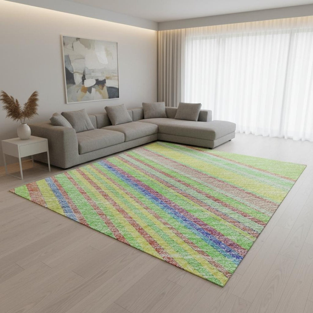 HomeRoots 10' Vibrant Striped Washable Area Rug in Yellow, Lime Green & Purple - UV Protected & Durable Design 677525