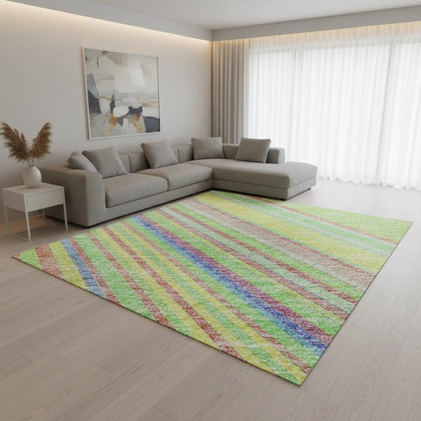 HomeRoots 10' Vibrant Striped Washable Area Rug in Yellow, Lime Green & Purple - UV Protected & Durable Design 677525