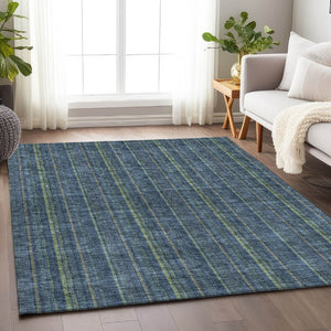 HomeRoots 5' Blue & Green Striped Washable Area Rug - Durable, UV-Protected, Easy-Care Design for Any Space 677527