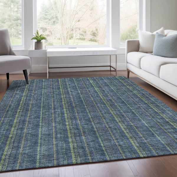 HomeRoots 5' Blue & Green Striped Washable Area Rug - Durable, UV-Protected, Easy-Care Design for Any Space 677527