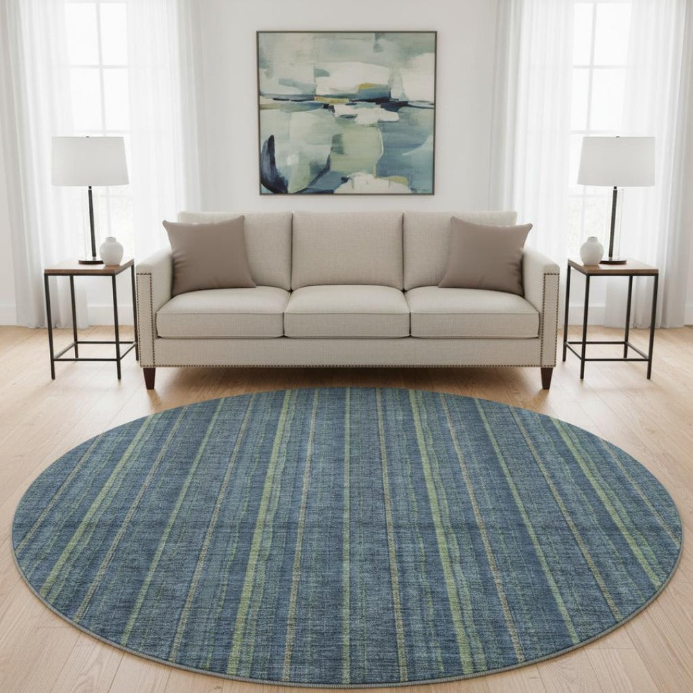 HomeRoots 8' Blue and Green Striped Washable Round Rug – UV Protected, Stain Resistant, Perfect for Family Spaces! 677528