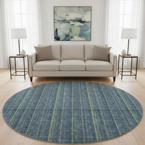 HomeRoots 8' Blue and Green Striped Washable Round Rug – UV Protected, Stain Resistant, Perfect for Family Spaces! 677528