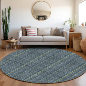 HomeRoots 8' Blue and Green Striped Washable Round Rug – UV Protected, Stain Resistant, Perfect for Family Spaces! 677528