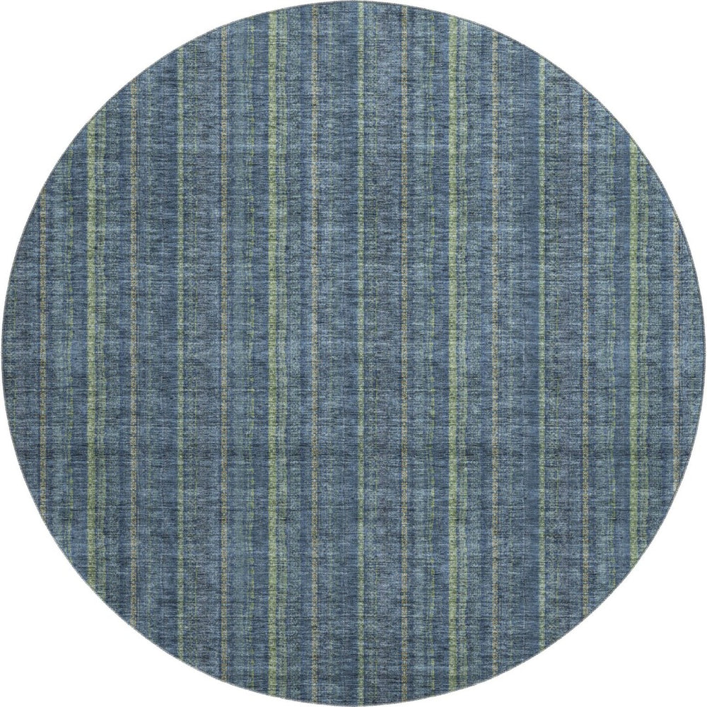 HomeRoots 8' Blue and Green Striped Washable Round Rug – UV Protected, Stain Resistant, Perfect for Family Spaces! 677528