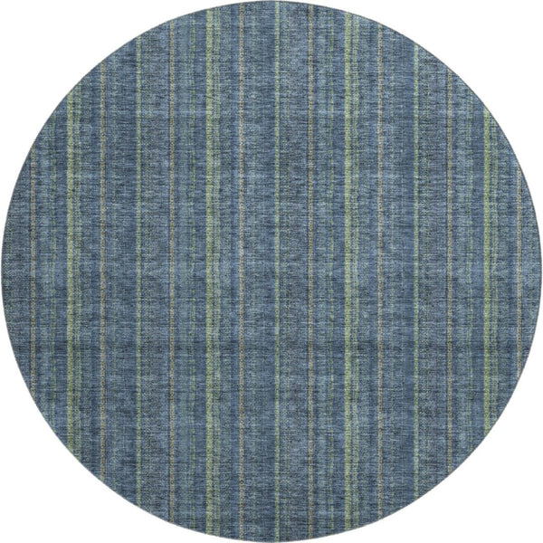 HomeRoots 8' Blue and Green Striped Washable Round Rug – UV Protected, Stain Resistant, Perfect for Family Spaces! 677528