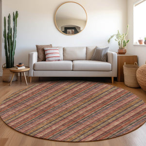 HomeRoots 8' Washable Blush Purple & Orange Striped Round Rug with UV Protection for Durable Style & Comfort 677534