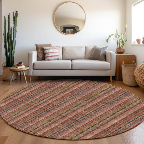 HomeRoots 8' Washable Blush Purple & Orange Striped Round Rug with UV Protection for Durable Style & Comfort 677534