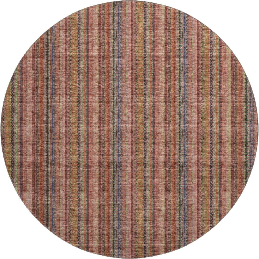 HomeRoots 8' Washable Blush Purple & Orange Striped Round Rug with UV Protection for Durable Style & Comfort 677534