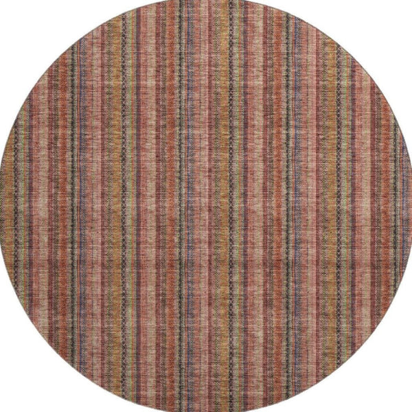 HomeRoots 8' Washable Blush Purple & Orange Striped Round Rug with UV Protection for Durable Style & Comfort 677534