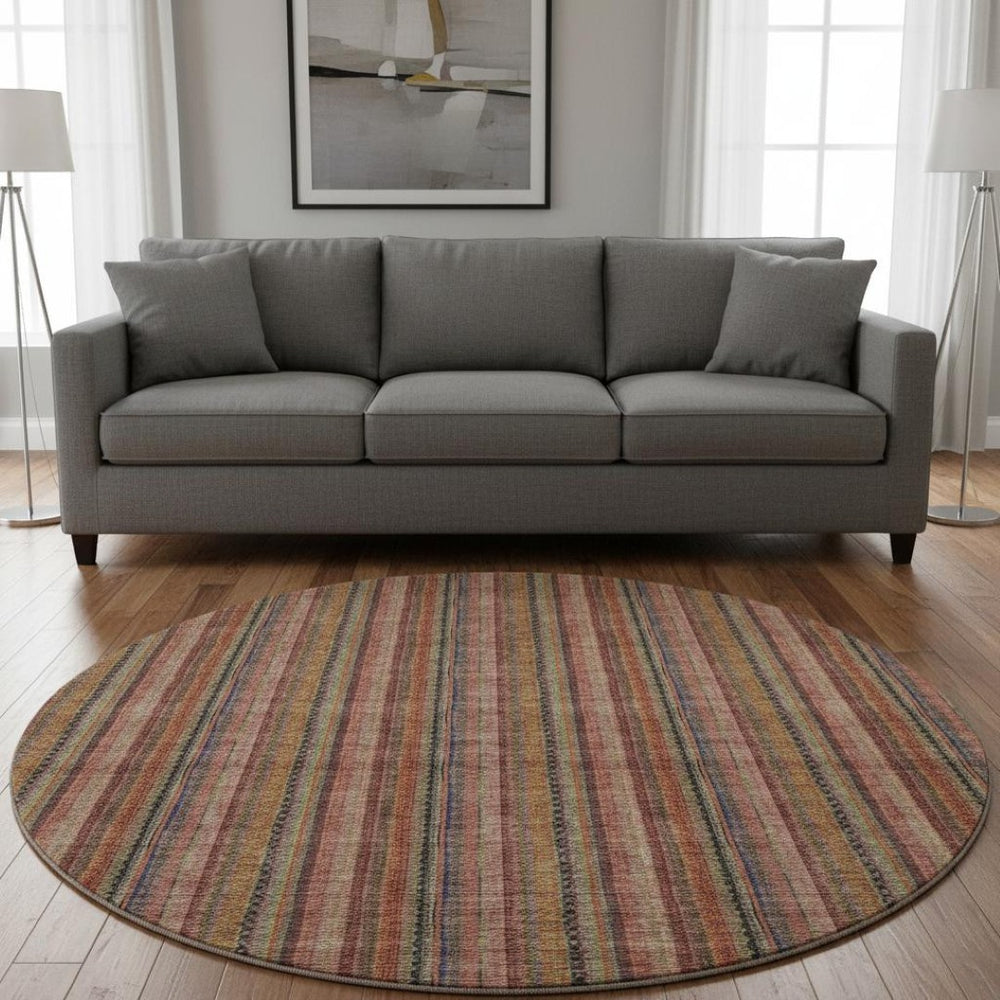 HomeRoots 8' Washable Blush Purple & Orange Striped Round Rug with UV Protection for Durable Style & Comfort 677534