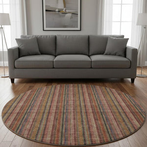 HomeRoots 8' Washable Blush Purple & Orange Striped Round Rug with UV Protection for Durable Style & Comfort 677534