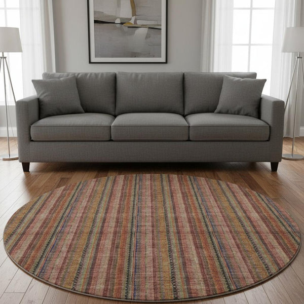 HomeRoots 8' Washable Blush Purple & Orange Striped Round Rug with UV Protection for Durable Style & Comfort 677534