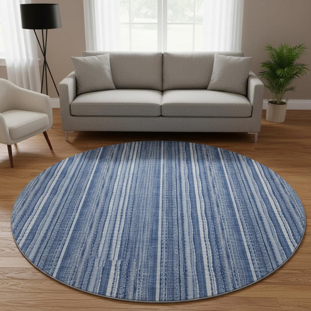 HomeRoots 8' Denim Blue and Ivory Striped Washable Area Rug with UV Protection for Coastal Charm & Durability 677540