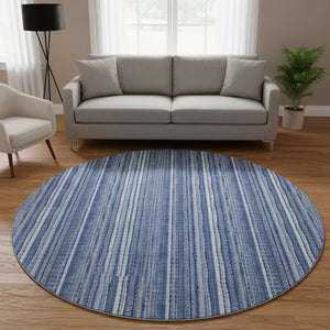 HomeRoots 8' Denim Blue and Ivory Striped Washable Area Rug with UV Protection for Coastal Charm & Durability 677540