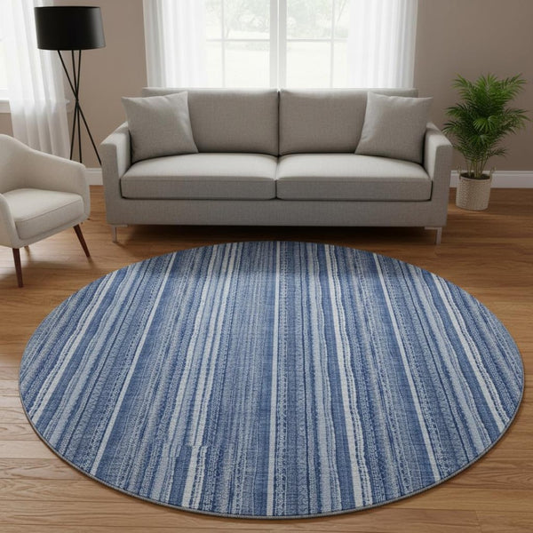 HomeRoots 8' Denim Blue and Ivory Striped Washable Area Rug with UV Protection for Coastal Charm & Durability 677540