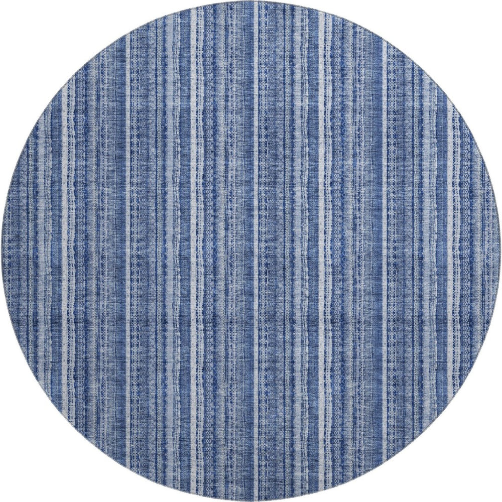 HomeRoots 8' Denim Blue and Ivory Striped Washable Area Rug with UV Protection for Coastal Charm & Durability 677540