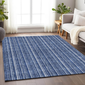 HomeRoots 8' X 10' Coastal Denim Blue & Ivory Striped Area Rug - Washable, UV Protected, Stain Resistant Design 677541