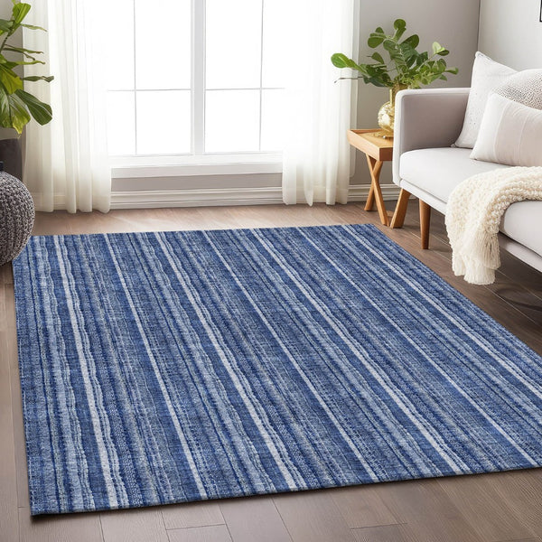 HomeRoots 8' X 10' Coastal Denim Blue & Ivory Striped Area Rug - Washable, UV Protected, Stain Resistant Design 677541