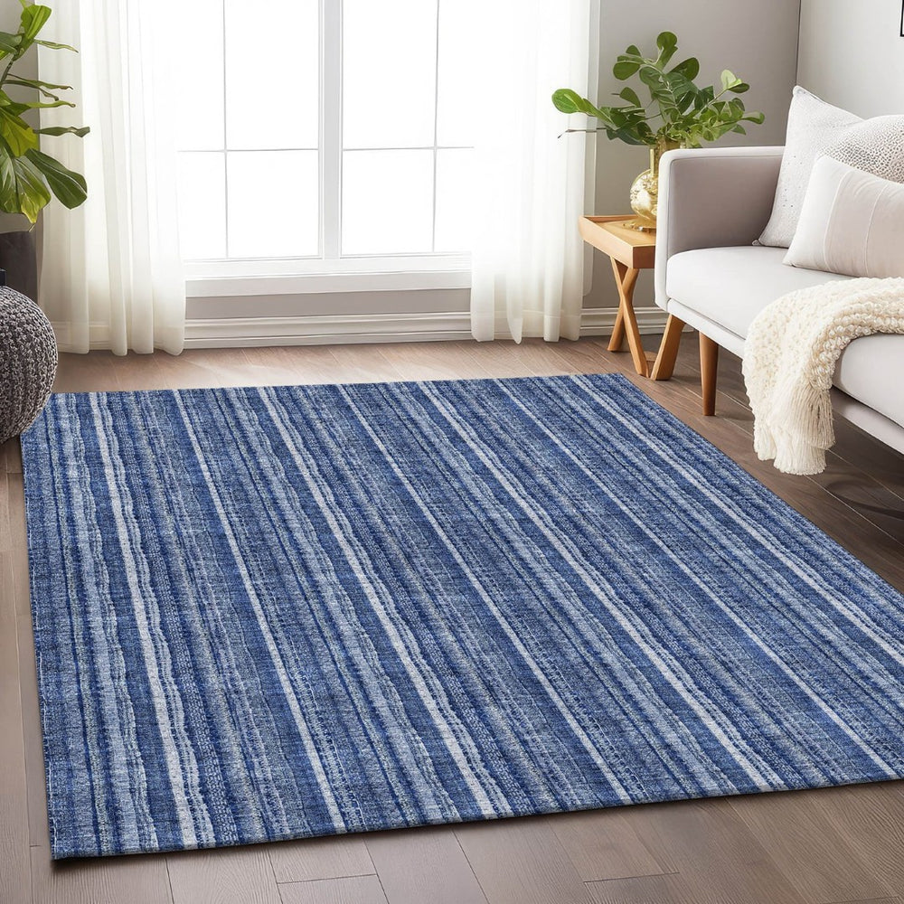 HomeRoots 10' Denim Blue & Ivory Striped Washable Area Rug - UV Protected, Durable & Easy-Care Design! 677543