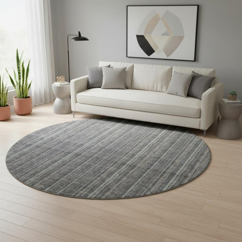 HomeRoots 8' Gray and Silver Striped Washable Round Rug with UV Protection for Stylish, Durable Home Decor 677546