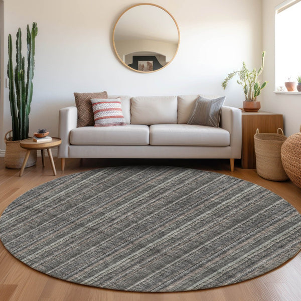 HomeRoots 8' Gray and Silver Striped Washable Round Rug with UV Protection for Stylish, Durable Home Decor 677546