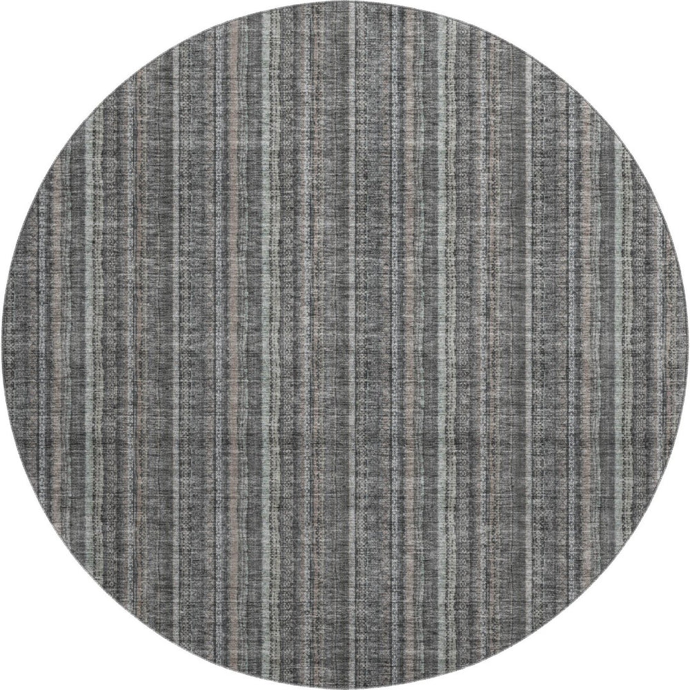 HomeRoots 8' Gray and Silver Striped Washable Round Rug with UV Protection for Stylish, Durable Home Decor 677546